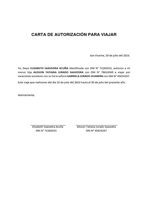 carta de autorizacion para viajar.